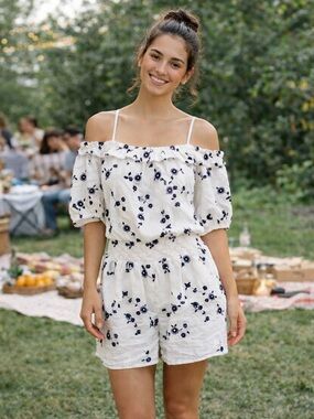 J.O.A. Embroidered Off Shoulder Romper Medium White Navy Floral Eyelet